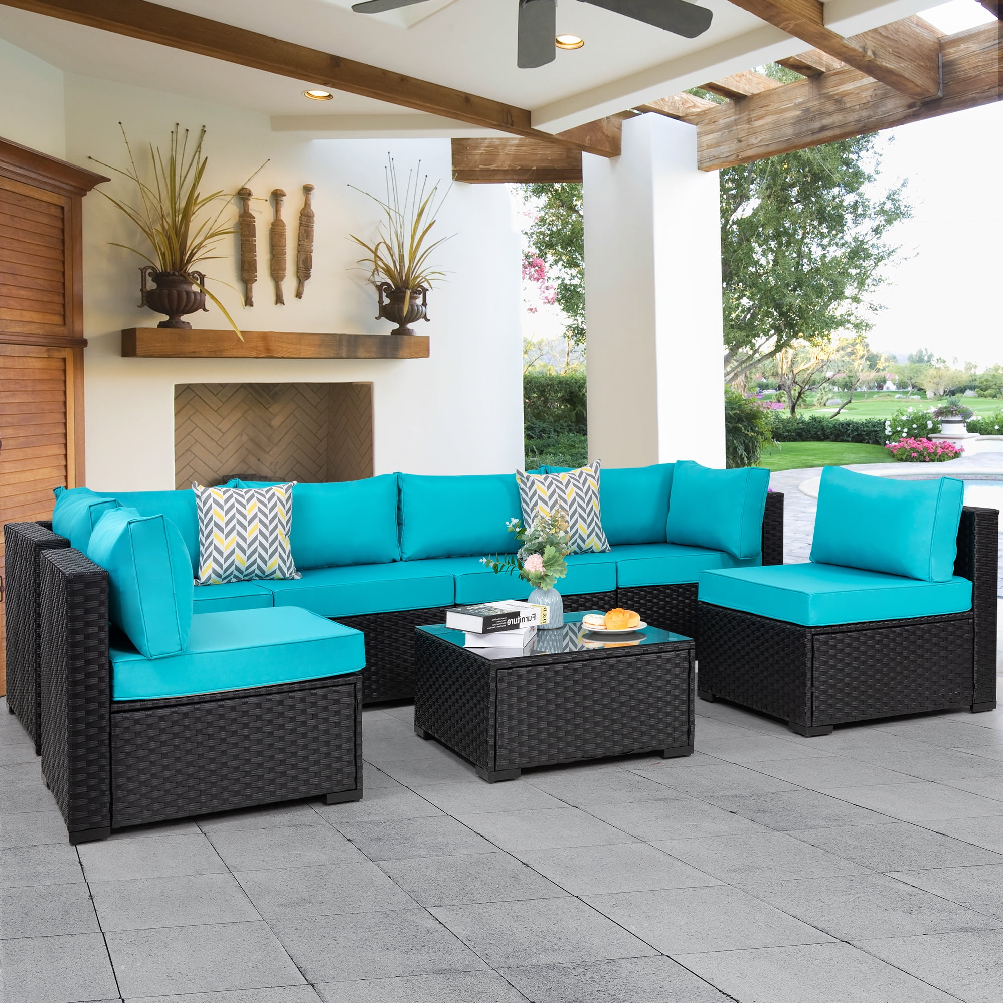 Walsunny 7 Pieces Outdoor Sectional Sofa Furniture Sets All Weather Black Wicker Patio Furniture Sets with Tea Table and Washable Couch Cushions Blue