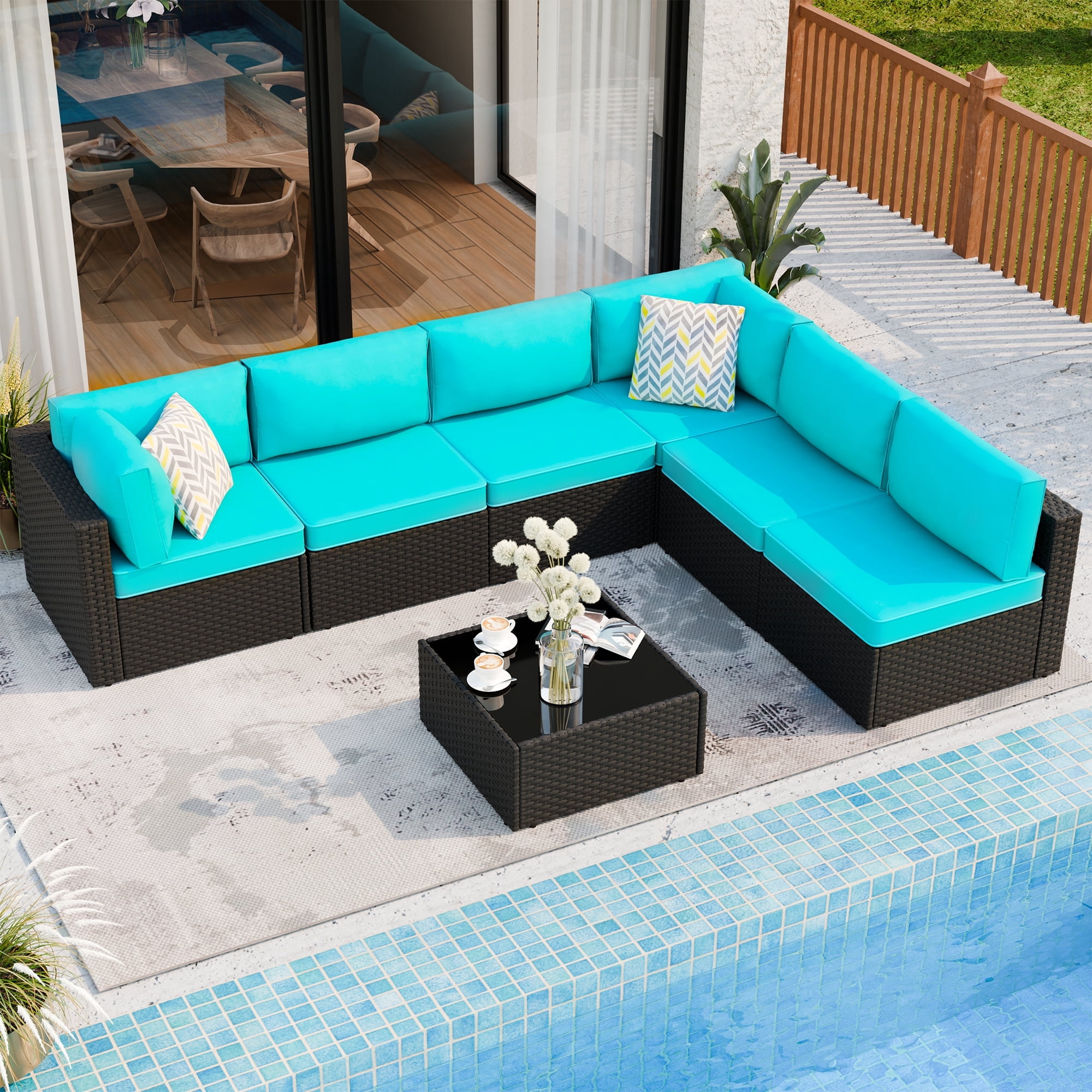 Walsunny 7 Pieces Patio Conversation Set, All-Weather Black Rattan Wicker Patio Furniture Sets with 6 Chairs and 1 Coffee Table, Washable Couch Cushions,Black Rattan Blue Cushions