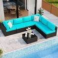 thumbnail image 1 of Walsunny 7 Pieces Patio Conversation Set, All-Weather Black Rattan Wicker Patio Furniture Sets with 6 Chairs and 1 Coffee Table, Washable Couch Cushions,Black Rattan Blue Cushions, 1 of 6