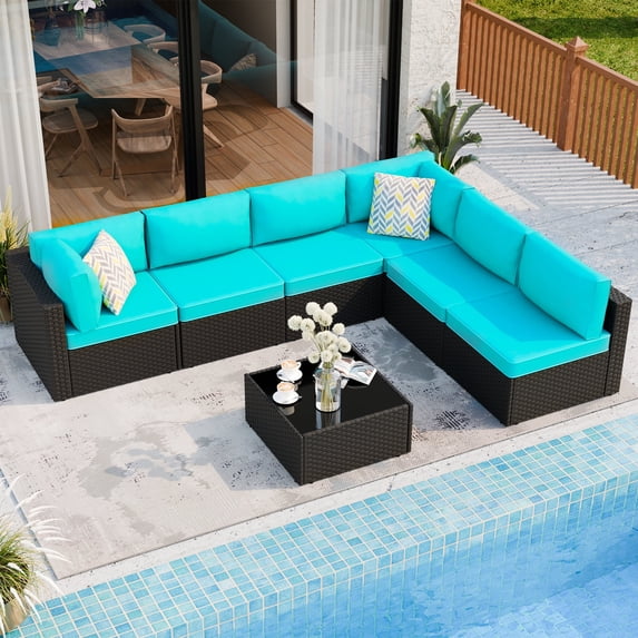 Walsunny 7 Pieces Patio Conversation Set, All-Weather Black Rattan Wicker Patio Furniture Sets with 6 Chairs and 1 Coffee Table, Washable Couch Cushions,Black Rattan Blue Cushions