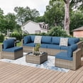 thumbnail image 1 of Walsunny 7 Pieces Patio Conversation Set, All-Weather Rattan Wicker Patio Furniture Sets with 6 Chairs and 1 Coffee Table, Washable Couch Cushions,Original Wood-Colored Rattan Navy Blue Cushions, 1 of 8