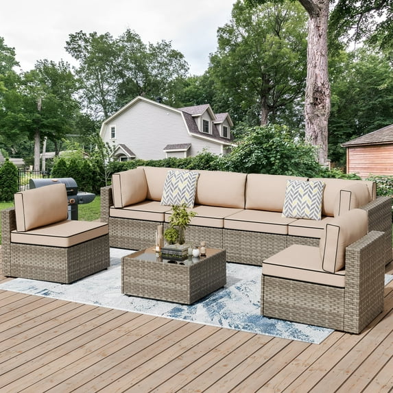 Walsunny 7 Pieces Patio Conversation Set, All-Weather Rattan Wicker Patio Furniture Sets with 6 Chairs and 1 Coffee Table, Washable Couch Cushions,Khaki