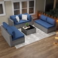 thumbnail image 1 of Walsunny 7 Pieces Patio Conversation Set, All-Weather Rattan Wicker Patio Furniture Sets with 6 Chairs and 1 Coffee Table, Washable Couch Cushions,Sliver Rattan Navy Blue Cushions, 1 of 7