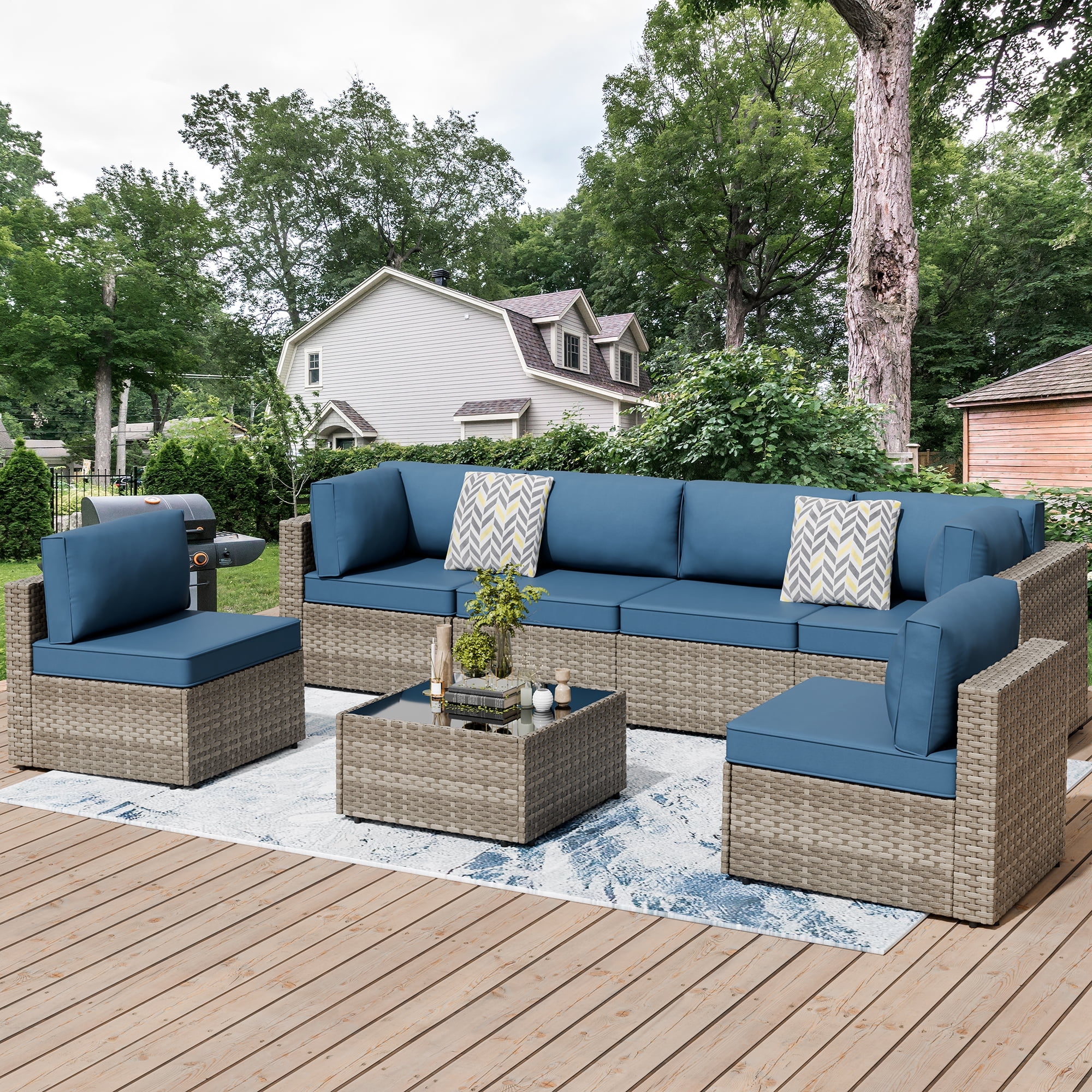 Walsunny 7-Piece Outdoor Seating Patio Furniture Set, All-Weather Black Wicker with Aegean Blue Cushions and Tea Table