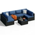 thumbnail image 1 of Walsunny 7 Pieces Patio Conversation Set, All-Weather Rattan Wicker Patio Furniture Sets with 6 Chairs and 1 Coffee Table, Washable Couch Cushions,Black Rattan Navy Blue Cushions, 1 of 7