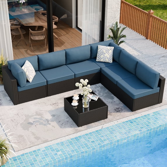 Walsunny 7 Pieces Patio Conversation Set, All-Weather Rattan Wicker Patio Furniture Sets with 6 Chairs and 1 Coffee Table, Washable Couch Cushions,Black Rattan Navy Blue Cushions