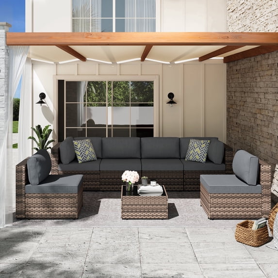 Walsunny 7 Pieces Patio Conversation Set, All-Weather Rattan Wicker Patio Furniture Sets with 6 Chairs and 1 Coffee Table, Washable Couch Cushions,Brown Rattan Gray Cushions