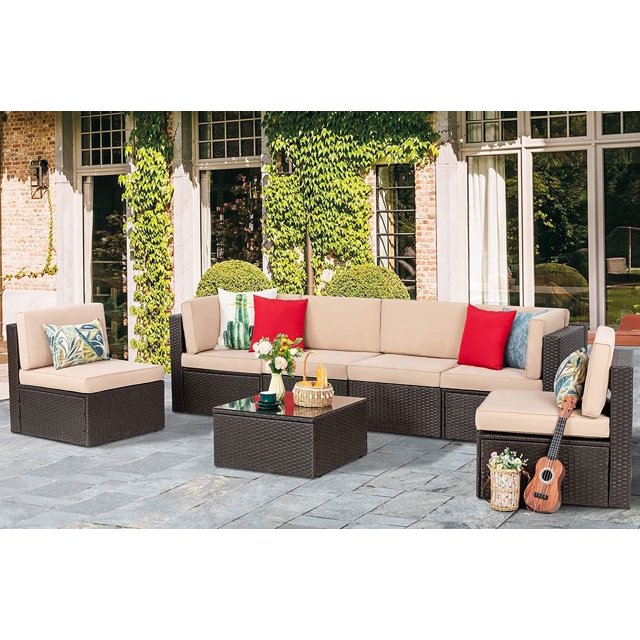 Walsunny 7 Pieces Patio Furniture Sets Outdoor AllWeather Sectional Patio Sofa Set PE Rattan