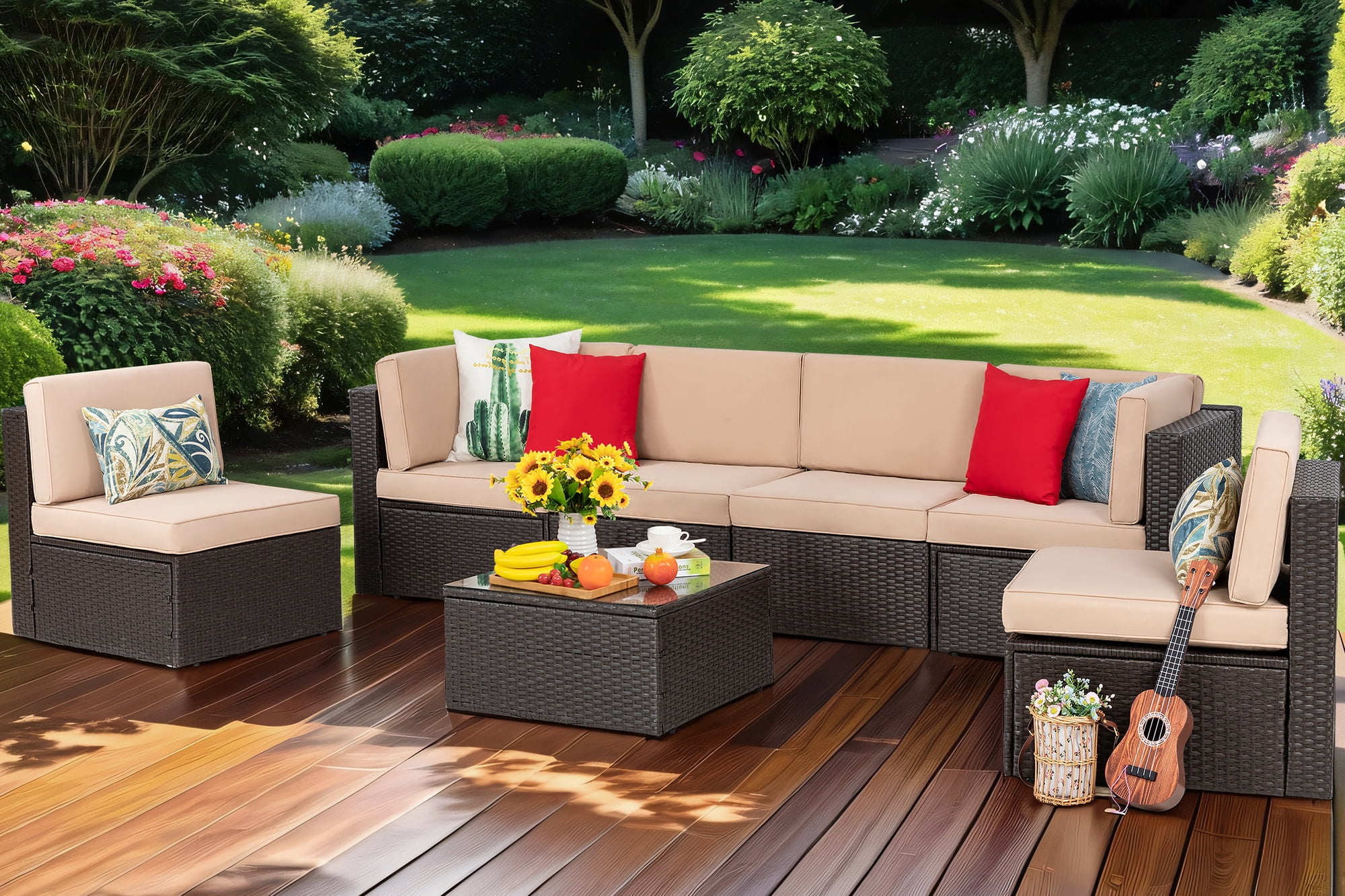 Walsunny 7 Pieces Patio Furniture Sets Outdoor AllWeather Sectional Patio Sofa Set PE Rattan