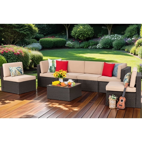 Walsunny 7 Pieces Patio Furniture Sets Outdoor All-Weather Sectional Patio Sofa Set PE Rattan Manual Weaving Wicker Patio Conversation Set Beige