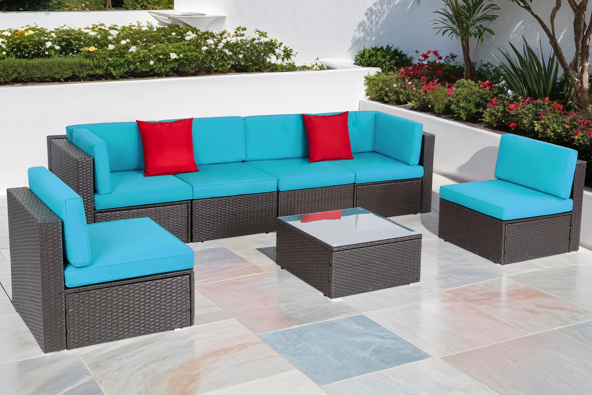 Walsunny 7 Pieces Patio Furniture Sets Outdoor AllWeather Sectional Patio Sofa Set PE Rattan