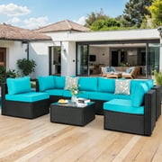 Walsunny 7 Pieces Patio Outdoor Furniture Sets,All-Weather Rattan Sectional Sofa with Tea Table&Washable Couch Cushion Blue