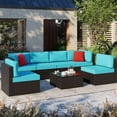 thumbnail image 1 of Patio Furniture Set, Walsunny 7 Piece All Weather Outdoor Sectional Sofa, Wicker Patio Conversation Set with Cushions and Tempered Glass Table for Backyard Porch, Blue, 1 of 7