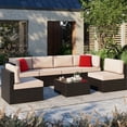 thumbnail image 1 of Patio Furniture Set, Walsunny 7 Piece All Weather Outdoor Sectional Sofa, Wicker Patio Conversation Set with Cushions and Tempered Glass Table for Backyard Porch, Khaki, 1 of 7