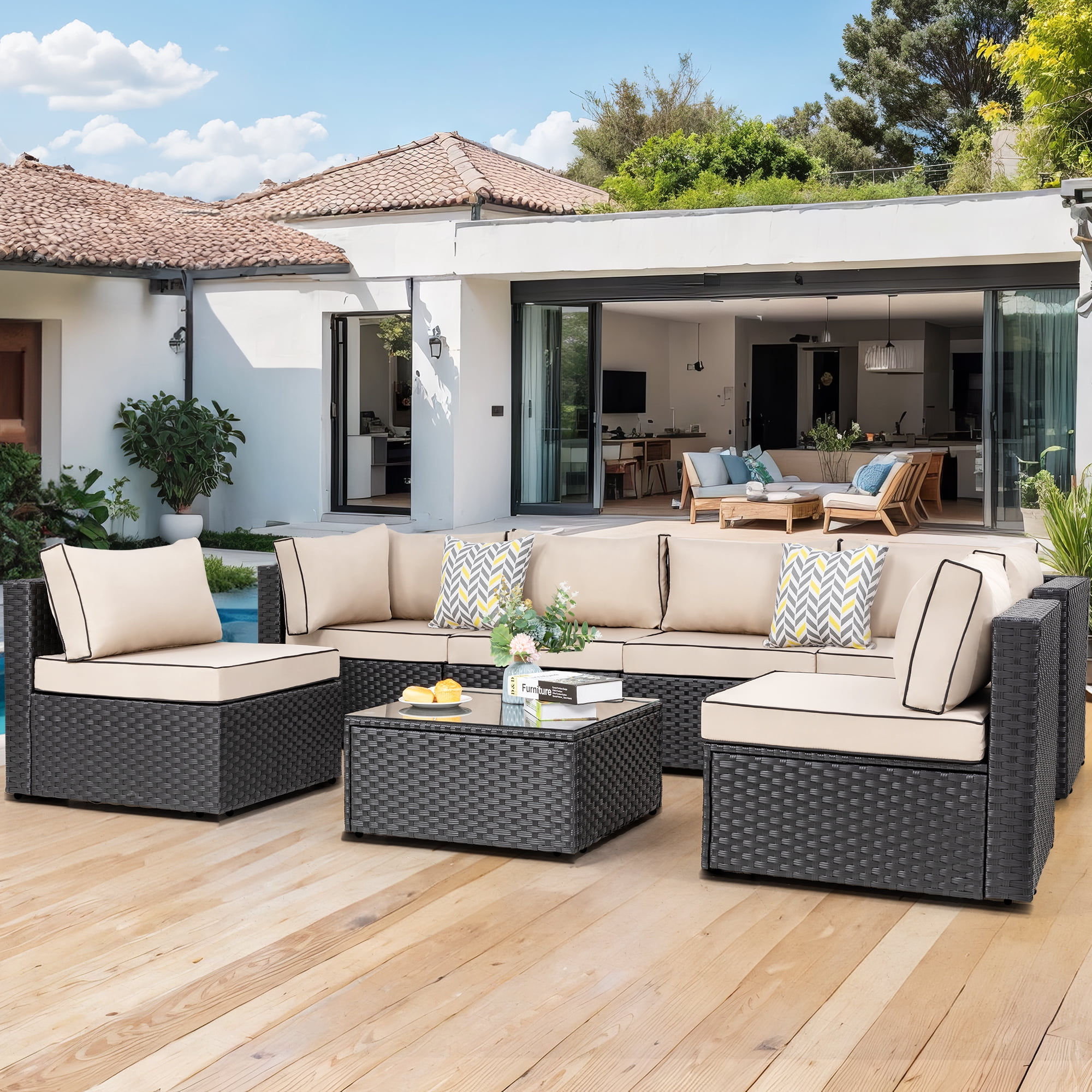 Walsunny 7 Pieces Patio Outdoor Furniture Sets All Weather Rattan Sectional Sofa with Tea Table Washable Couch Cushions Khaki