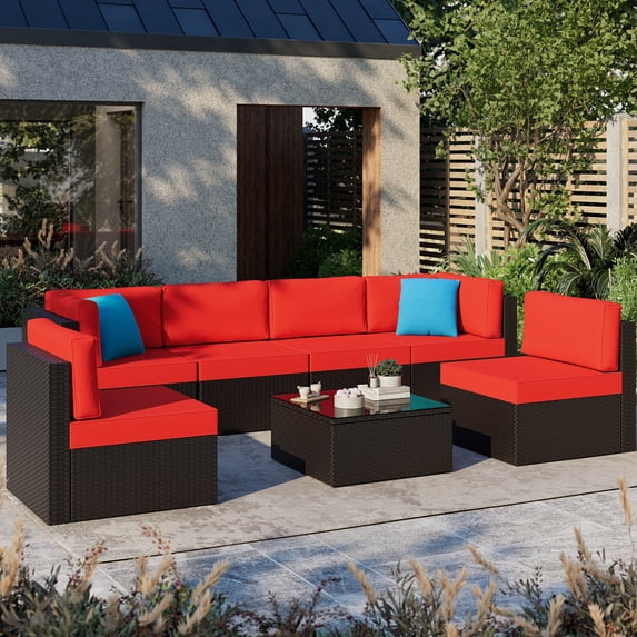 Patio Furniture Set, Walsunny 7 Piece All Weather Outdoor Sectional Sofa, Wicker Patio Conversation Set with Cushions and Tempered Glass Table for Backyard Porch, Red