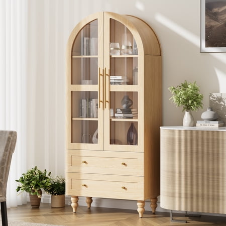 Walsunny 70"Tall Arched Kitchen Pantry,Storage Cabinet with Glass Doors and Adjustable Shelves,Freestanding Kitchen Hutch Cabinet for Dining Room,Living Room,Reading Room,Nature