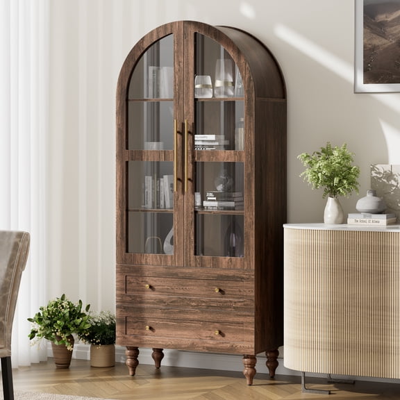 Walsunny 70"Tall Arched Kitchen Pantry,Storage Cabinet with Glass Doors and Adjustable Shelves,Freestanding Kitchen Hutch Cabinet for Dining Room,Living Room,Reading Room,Dark Brown