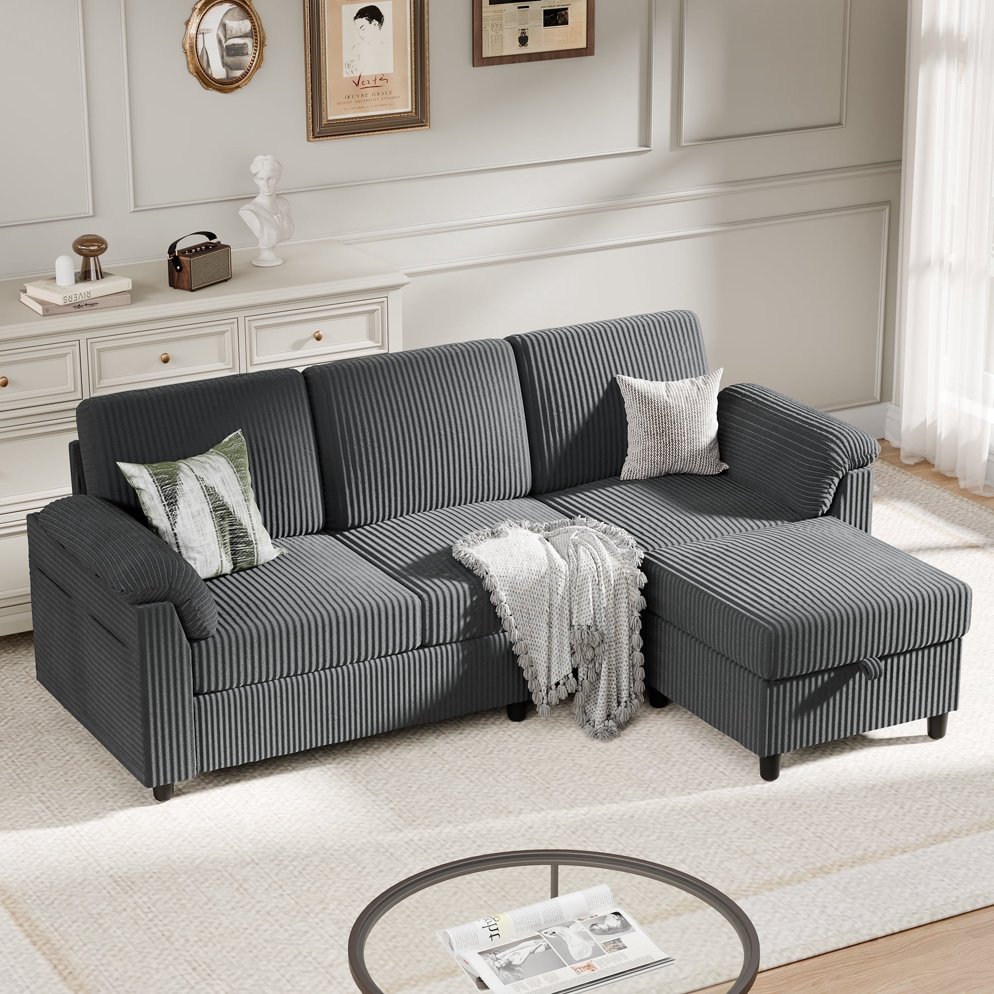 Walsunny 69" Convertible Sectional Sofa Couch with Storage Ottoman,L Shaped Sofa with Removable Pillows & Linen Fabric, Modern 3-Seat Couch with Reversible Storage Chaise,Dark Gray