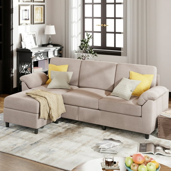 Walsunny 79" Convertible Sectional Sofa Couch With Ottoman,Linen Fabric L Shaped Sofa with Removable Pillows Beige