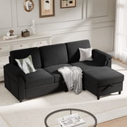 Walsunny 69" Convertible Sectional Sofa Couch with Storage Ottoman,L Shaped Sofa with Removable Pillows & Linen Fabric, Modern 3-Seat Couch with Reversible Storage Chaise,Black
