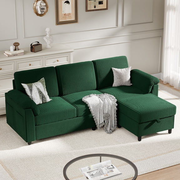 Walsunny 69" Convertible Sectional Sofa Couch with Storage Ottoman,L Shaped Sofa with Removable Pillows & Linen Fabric, Modern 3-Seat Couch with Reversible Storage Chaise,Green