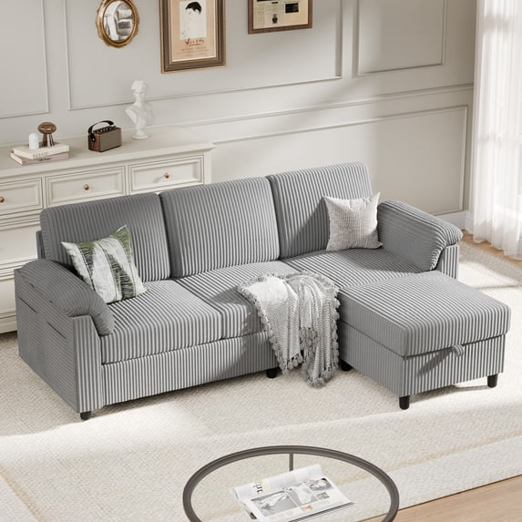 Walsunny 69" Convertible Sectional Sofa Couch with Storage Ottoman,L Shaped Sofa with Removable Pillows & Linen Fabric, Modern 3-Seat Couch with Reversible Storage Chaise,Light Gray