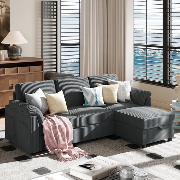 Walsunny 79" Convertible Sectional Sofa, L Shaped Sofa Couch with Reversible Chaise for Living Room Modern Linen Fabric for Living Room, Dark Gray