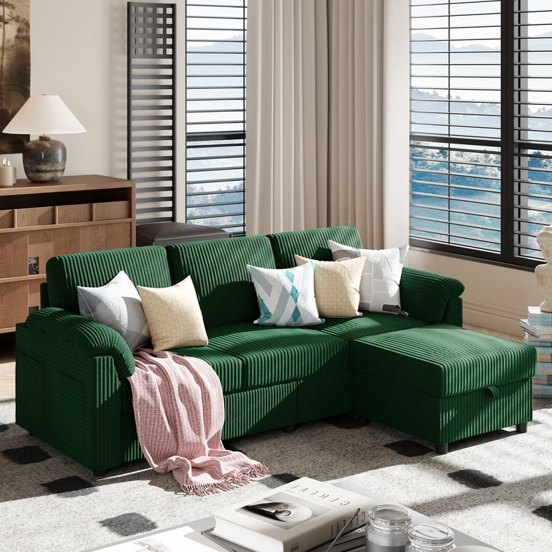 Walsunny 79" Convertible Sectional Sofa, L Shaped Sofa Couch with Reversible Chaise for Living Room Modern Linen Fabric for Living Room, Green