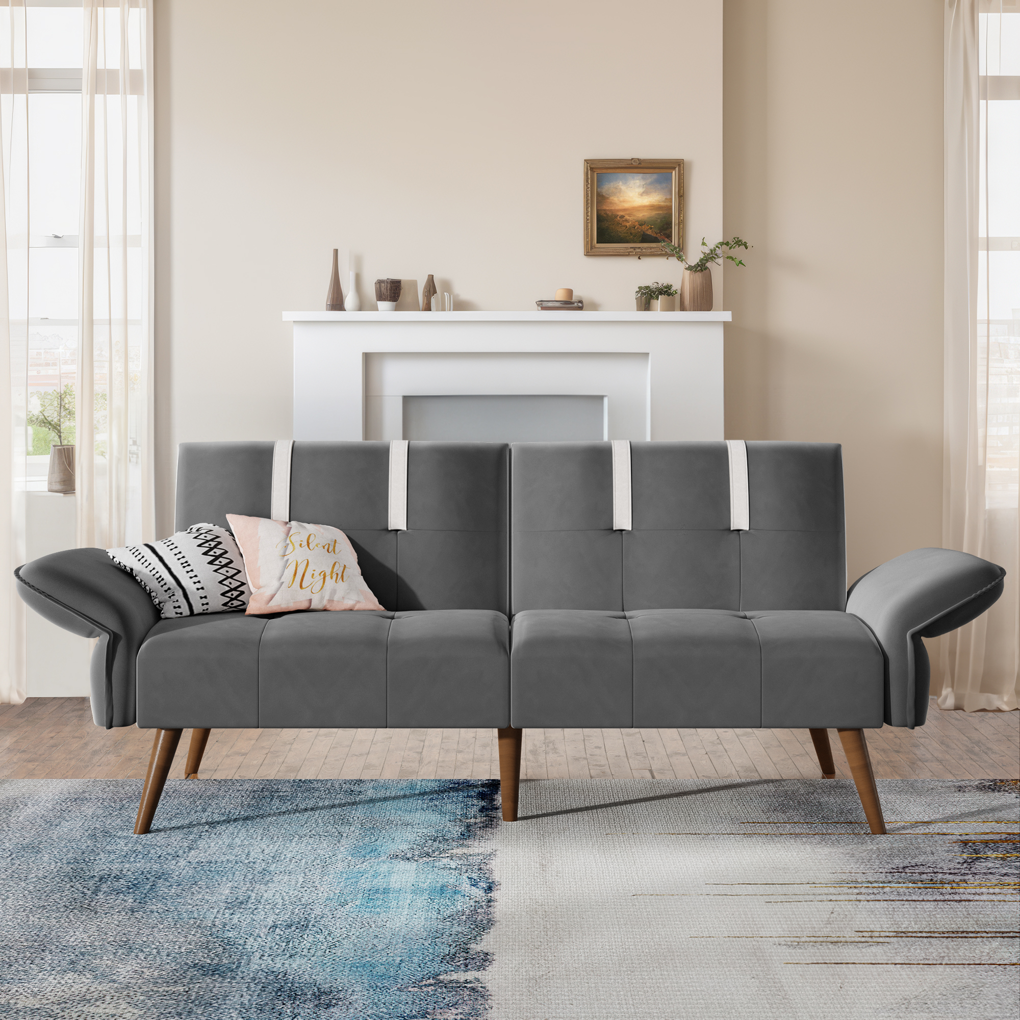 Walsunny 79" Velvet Futon Couch Sofa Bed, Folding Sleeper Loveseat with Adjustable Armrests Backrest Dark Grey - image 1 of 8