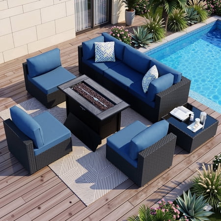 Walsunny 8 Pieces Patio Wicker Rattan Fire Pit Furniture Conversation Sets with Outdoor Sectional Sofa,45" Gas Propane Fire Pit Table,Glass Coffee Table,Black Rattan Blue Cushion