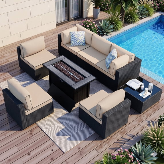 Walsunny 8 Pieces Patio Wicker Rattan Fire Pit Furniture Conversation Sets with Outdoor Sectional Sofa,45" Gas Propane Fire Pit Table,Glass Coffee Table,Black Rattan Khaki Cushion