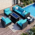thumbnail image 1 of Walsunny 8 Pieces Patio Wicker Rattan Fire Pit Furniture Conversation Sets with Outdoor Sectional Sofa,45" Gas Propane Fire Pit Table,Glass Coffee Table,Black Rattan Aegean Blue Cushion, 1 of 12