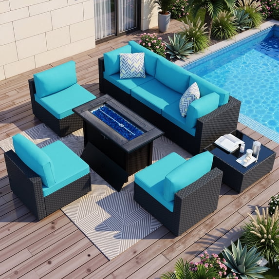 Walsunny 8 Pieces Patio Wicker Rattan Fire Pit Furniture Conversation Sets with Outdoor Sectional Sofa,45" Gas Propane Fire Pit Table,Glass Coffee Table,Black Rattan Aegean Blue Cushion