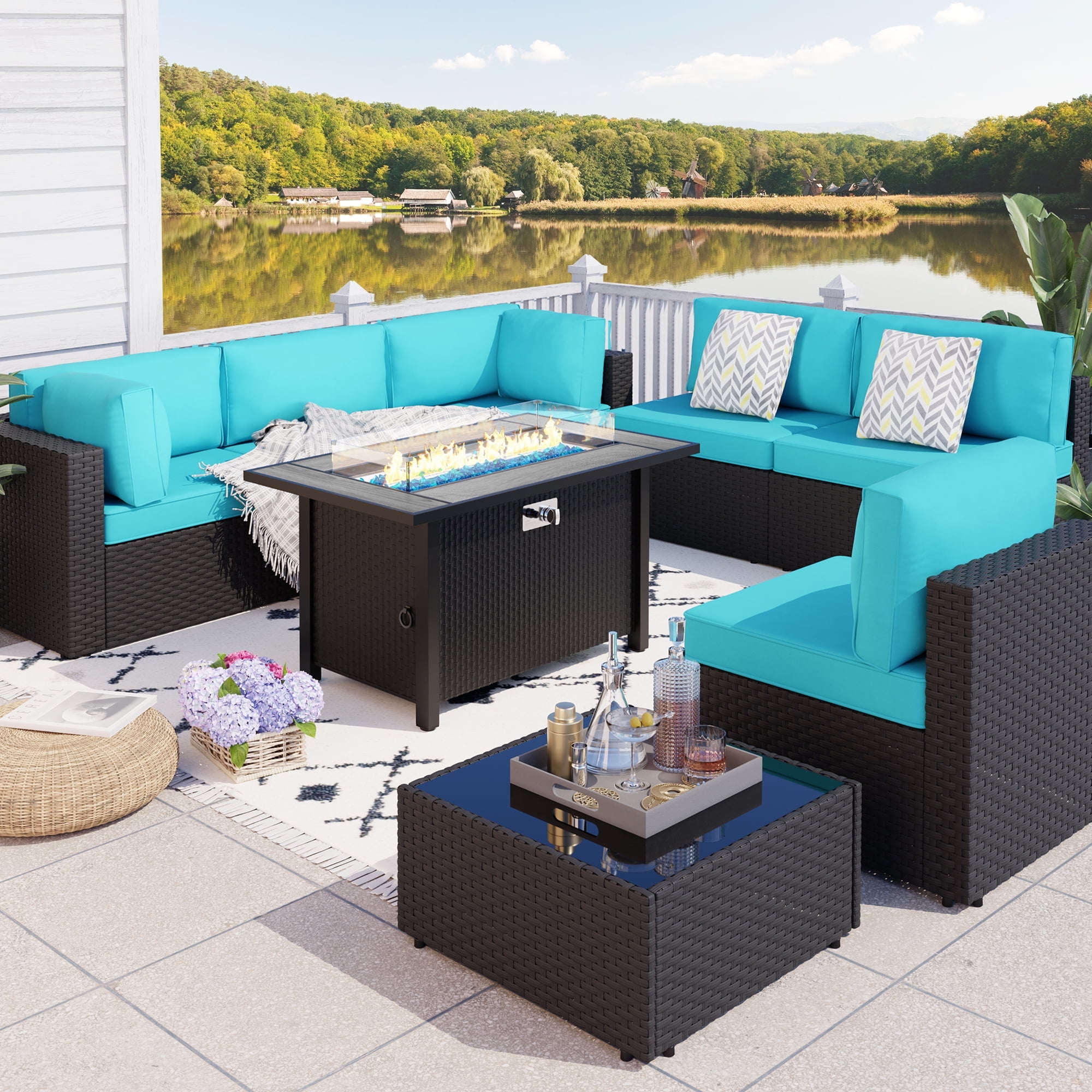 Walsunny 8 Pieces Patio Wicker Rattan Fire Pit Furniture Conversation Sets with Outdoor Sectional Sofa,45" Gas Propane Fire Pit Table,Glass Coffee Table,Black Rattan Blue Cushion