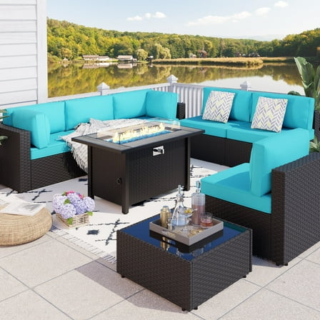 Walsunny 8 Pieces Patio Wicker Rattan Fire Pit Furniture Conversation Sets with Outdoor Sectional Sofa,45" Gas Propane Fire Pit Table,Glass Coffee Table,Black Rattan Blue Cushion