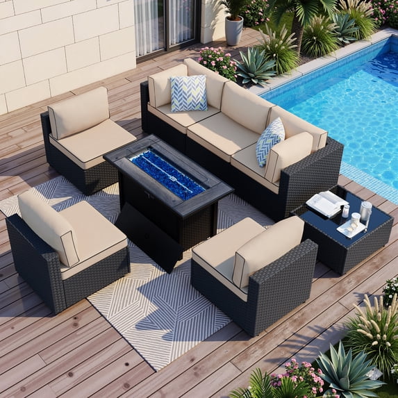 Walsunny 8 Pieces Patio Wicker Rattan Fire Pit Furniture Conversation Sets with Outdoor Sectional Sofa,45" Gas Propane Fire Pit Table,Glass Coffee Table,Black Rattan Khaki Cushion