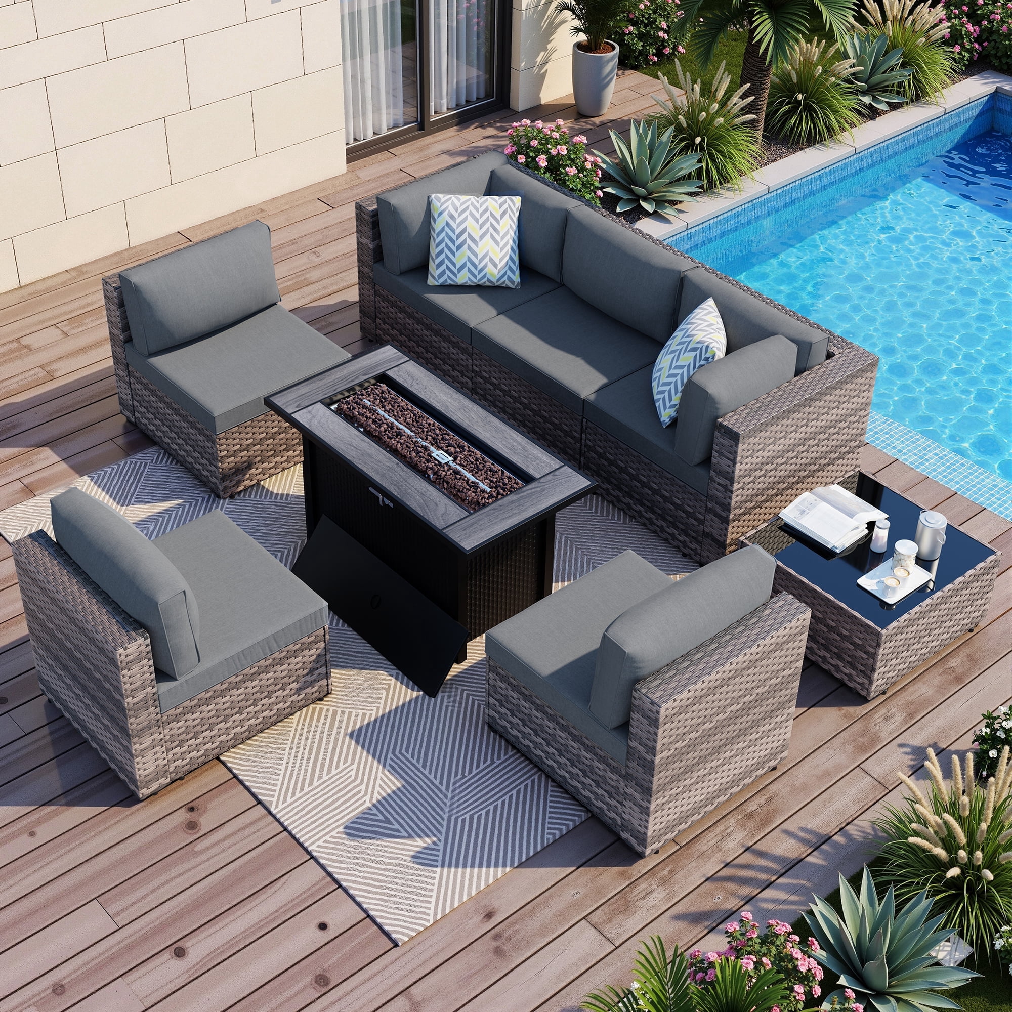 Walsunny 8 Pieces Patio Wicker Rattan Fire Pit Furniture Conversation Sets with Outdoor Sectional Sofa,45" Gas Propane Fire Pit Table,Glass Coffee Table,Brown Rattan Grey Cushion