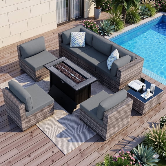 Walsunny 8 Pieces Patio Wicker Rattan Fire Pit Furniture Conversation Sets with Outdoor Sectional Sofa,45" Gas Propane Fire Pit Table,Glass Coffee Table,Brown Rattan Grey Cushion
