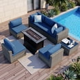 thumbnail image 1 of Walsunny 8 Pieces Patio Wicker Rattan Fire Pit Furniture Conversation Sets with Outdoor Sectional Sofa,45" Gas Propane Fire Pit Table,Glass Coffee Table,Original Rattan Aegean Blue Cushion, 1 of 8