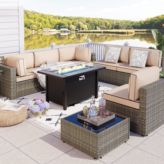 Walsunny 8 Pieces Patio Wicker Rattan Fire Pit Furniture Conversation Sets with Outdoor Sectional Sofa,45" Gas Propane Fire Pit Table,Glass Coffee Table,Original Rattan Khaki Cushion