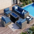 thumbnail image 1 of Walsunny 8 Pieces Patio Wicker Rattan Fire Pit Furniture Conversation Sets with Outdoor Sectional Sofa,45" Gas Propane Fire Pit Table,Glass Coffee Table,Original Rattan Aegean Blue Cushion, 1 of 11