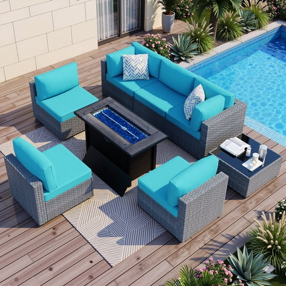 Walsunny 8 Pieces Patio Wicker Rattan Fire Pit Furniture Conversation Sets with Outdoor Sectional Sofa,45" Gas Propane Fire Pit Table,Glass Coffee Table,Silver Rattan Blue Cushion
