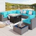 thumbnail image 1 of Walsunny 8 Pieces Patio Wicker Rattan Fire Pit Furniture Conversation Sets with Outdoor Sectional Sofa,45" Gas Propane Fire Pit Table,Glass Coffee Table,Silver Rattan Blue Cushion, 1 of 10