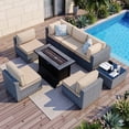 thumbnail image 1 of Walsunny 8 Pieces Patio Wicker Rattan Fire Pit Furniture Conversation Sets with Outdoor Sectional Sofa,45" Gas Propane Fire Pit Table,Glass Coffee Table,Silver Rattan Khaki Cushion, 1 of 8