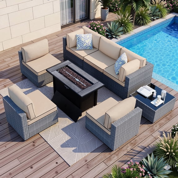Walsunny 8 Pieces Patio Wicker Rattan Fire Pit Furniture Conversation Sets with Outdoor Sectional Sofa,45" Gas Propane Fire Pit Table,Glass Coffee Table,Silver Rattan Khaki Cushion