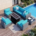 thumbnail image 1 of Walsunny 8 Pieces Patio Wicker Rattan Fire Pit Furniture Conversation Sets with Outdoor Sectional Sofa,45" Gas Propane Fire Pit Table,Glass Coffee Table,Silver Rattan Blue Cushion, 1 of 8