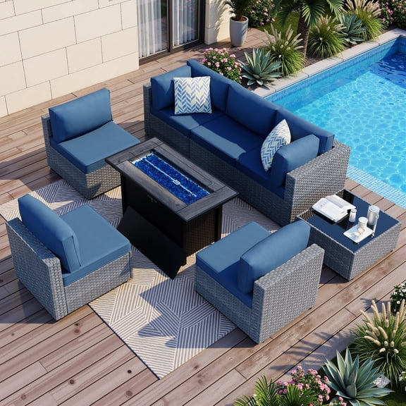 Walsunny 8 Pieces Patio Wicker Rattan Fire Pit Furniture Conversation Sets with Outdoor Sectional Sofa,45" Gas Propane Fire Pit Table,Glass Coffee Table,Silver Rattan Aegean Blue Cushion