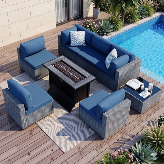 Walsunny 8 Pieces Patio Wicker Rattan Fire Pit Furniture Conversation Sets with Outdoor Sectional Sofa,45" Gas Propane Fire Pit Table,Glass Coffee Table,Silver Rattan Aegean Blue Cushion