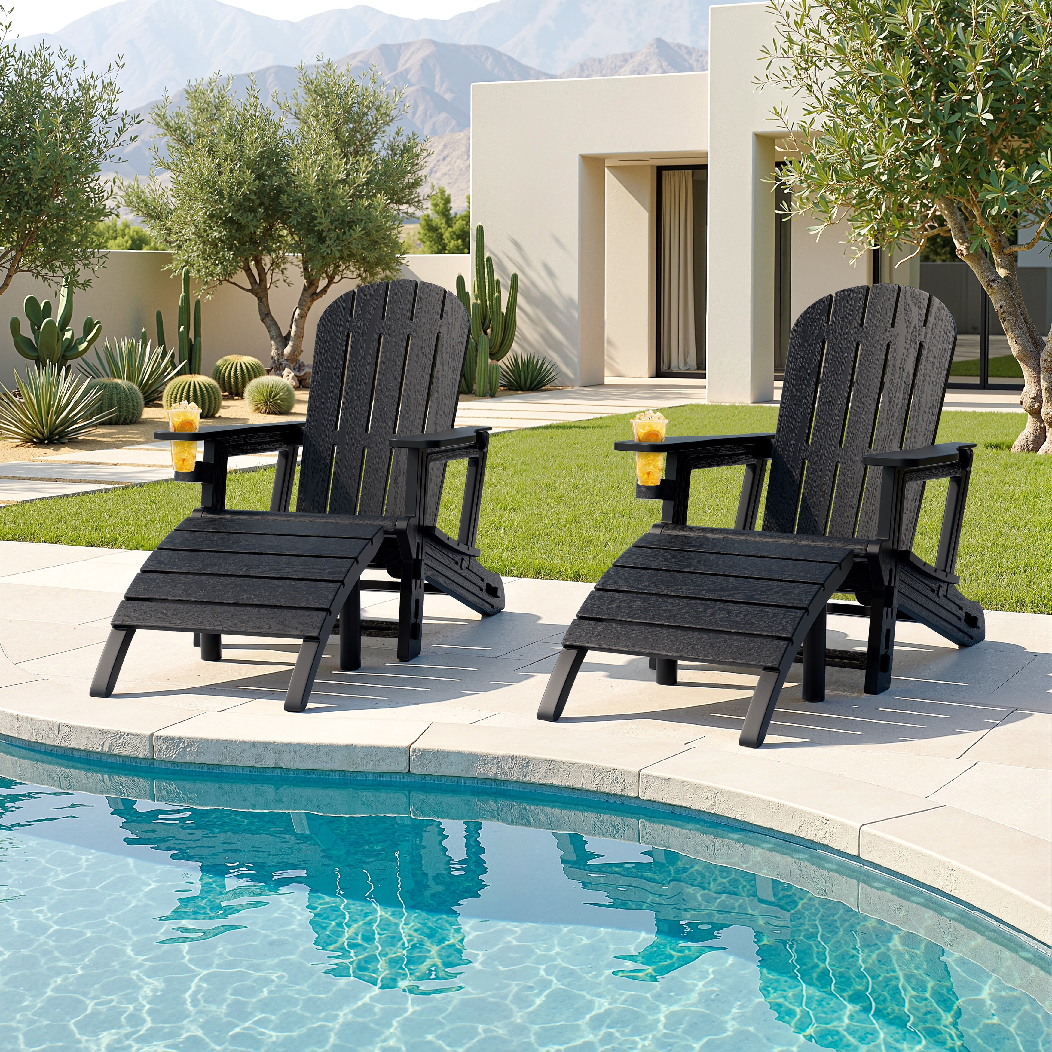 Walsunny Adirondack Chairs Set of 2 HDPE Outdoor Chair Set with Connecting Tray Cup Holder Removable Tabletop Pull-Out Footrest,All-Weather HDPE Outdoor Chair Set,Black